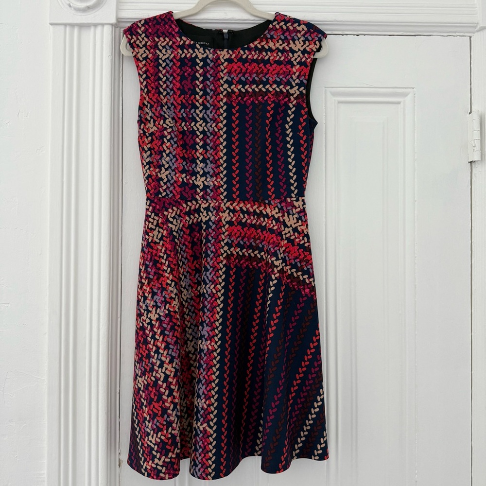 Donna Morgan for Anthropologie Red and Blue Patterned Midi Dress